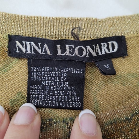 Nina Leonard Sweater Women‎ M Short Sleeve Floral Leaf Metallic Shoulder Pad - Picture 3 of 10
